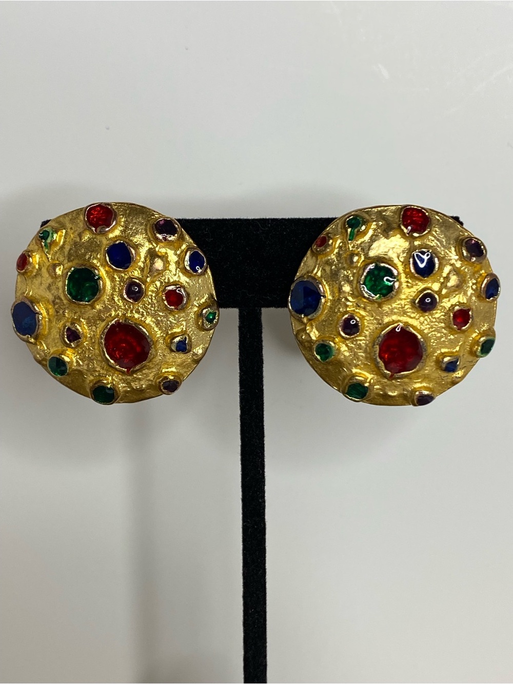 Vintage 80s Clip-On Earrings Multicolor Cabochon Gold Tone Bold Brutalist Style